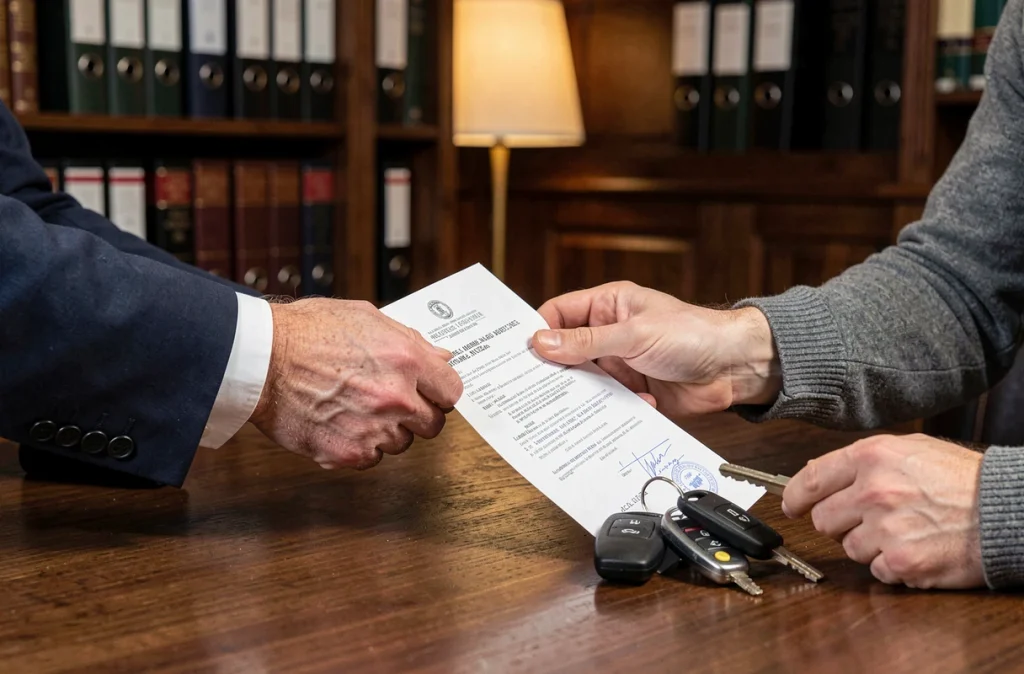 Échange d'un certificat de non-gage et de clés de voiture entre deux personnes dans un bureau officiel