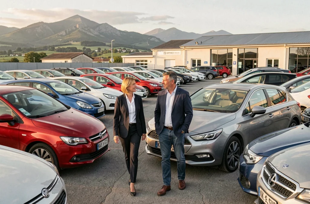 Conseillère et client évaluant un véhicule d'occasion sur le site d'Espace Auto Orthez