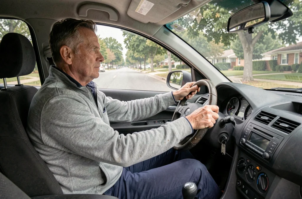 Homme au volant d'une voiture d'occasion lors d'un essai routier en milieu urbain