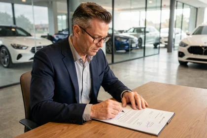 Homme en costume examinant attentivement un mandat de vente automobile dans un bureau de concession prestige
