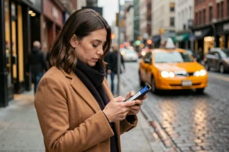 Femme utilisant une application mobile pour réserver un taxi dans une rue urbaine animée