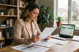 Femme consultant un document d'assurance voiture tous risques à son bureau à domicile
