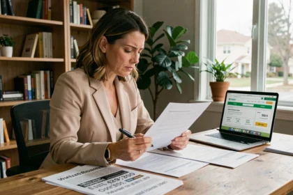 Femme consultant un document d'assurance voiture tous risques à son bureau à domicile