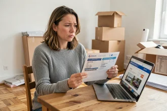 Femme consultant sa carte grise après un déménagement, assise à une table avec des cartons en arrière-plan