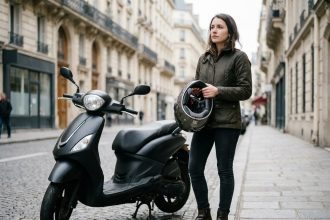 Jeune femme examinant son casque intégral avant de monter sur son scooter en ville à Paris