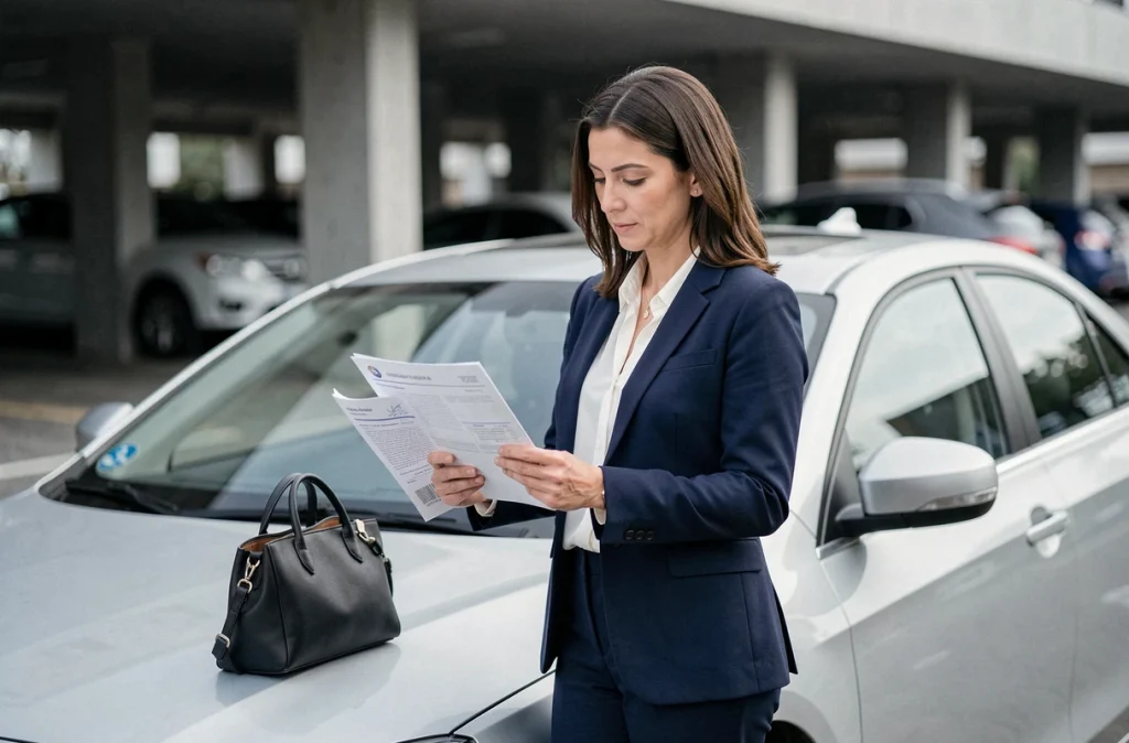 Femme tenant un certificat de non-gage devant une voiture dans un parking urbain