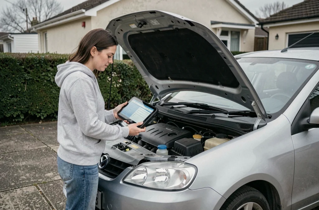 Femme lisant l'affichage d'un chargeur de batterie intelligent devant le capot ouvert d'une voiture