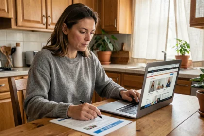 Femme comparant des offres d'assurance auto pas chère sur son ordinateur portable à la maison