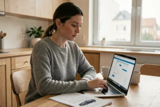 Femme comparant des offres d'assurance voiture en ligne sur son ordinateur portable à la maison