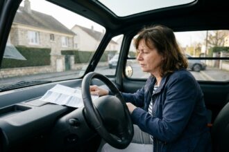 Femme conductrice d'une voiture sans permis consultant son contrat d'assurance au volant dans une rue résidentielle
