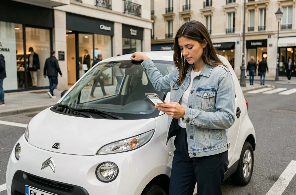Jeune femme consultant une annonce de Citroën Ami d'occasion sur smartphone dans un parking urbain