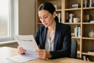 Femme consultant un contrat d'assurance auto ACM à son bureau à domicile