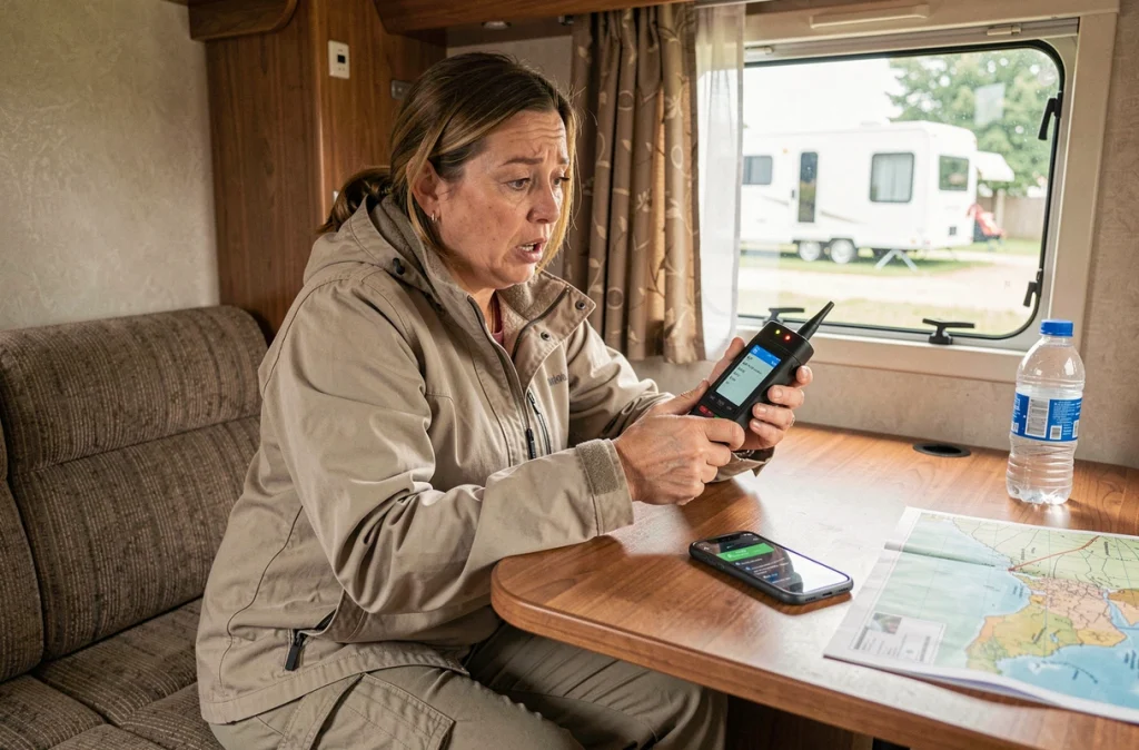Femme utilisant un détecteur de trackers GPS à l'intérieur d'un camping-car pendant ses vacances