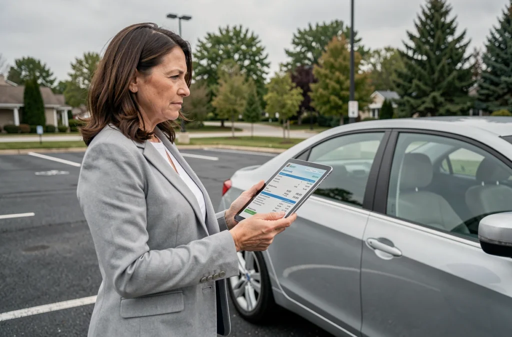 Femme debout près de sa voiture consultant une tablette pour comparer des devis d'assurance automobile