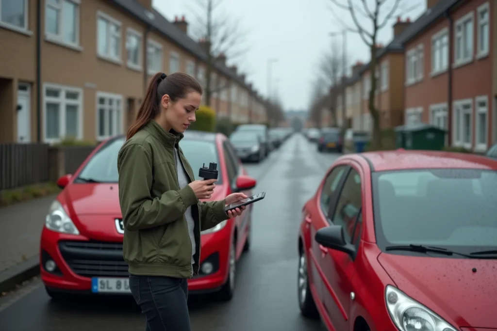 Femme consultant une application OBD sur smartphone pour diagnostiquer le système antipollution de sa Peugeot 207 dans la rue