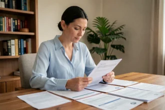 Femme consultant des documents d'assurance auto à son bureau pour un changement de contrat