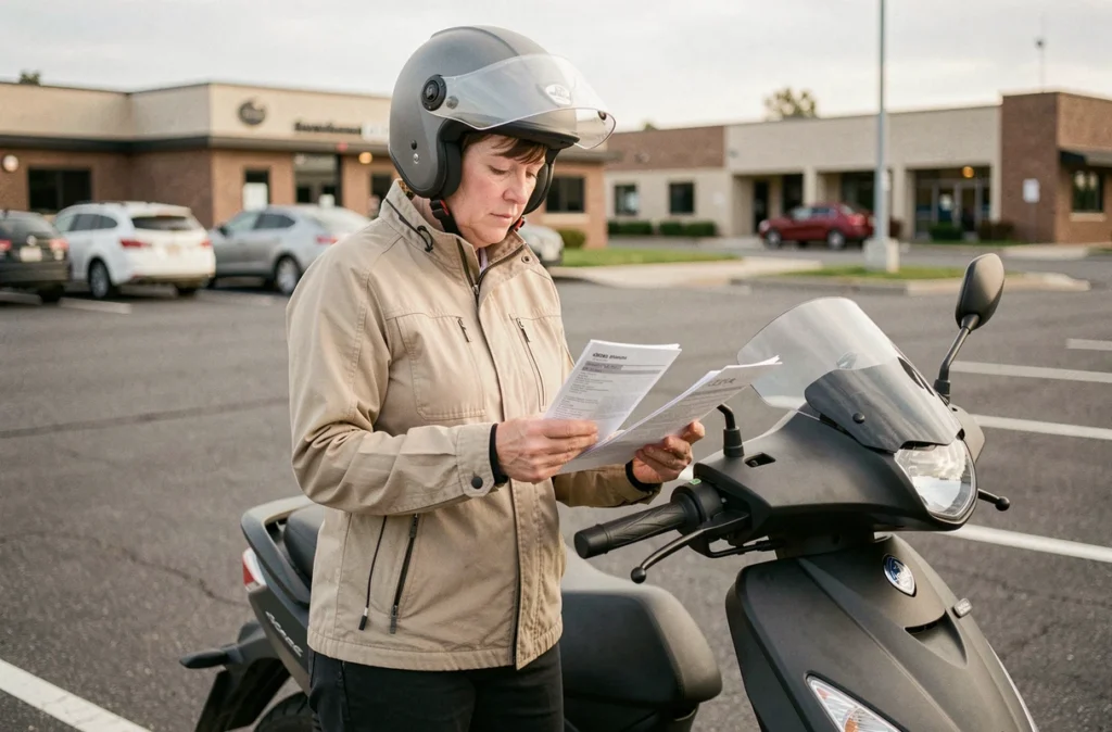 Femme examinant des documents d'assurance scooter 400 dans un parking suburban