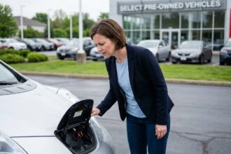 Femme inspectant le port de recharge d'une voiture électrique d'occasion dans un parking de concessionnaire