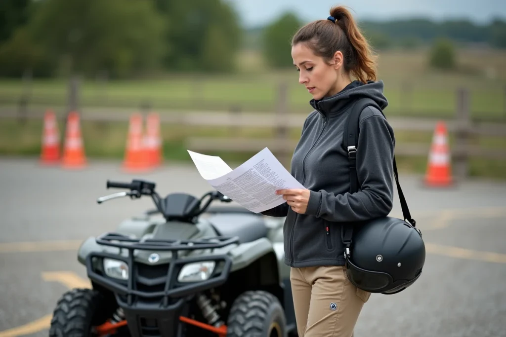 Femme adulte consultant un document réglementaire à côté d'un quad 50 cm3 sur un terrain d'apprentissage de conduite
