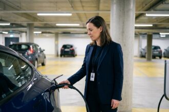 Une femme professionnelle branche un câble de recharge sur sa voiture électrique dans un parking d'entreprise souterrain