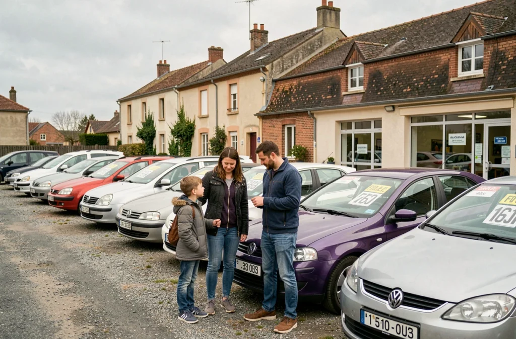 Famille inspectant des véhicules d'occasion sur le parking de Fouraa Automobiles dans les Pyrénées-Atlantiques
