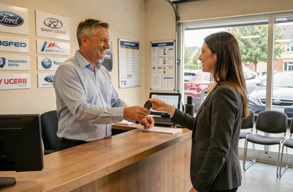 Conseiller service remettant les clés à une cliente satisfaite à l'accueil du Garage Auto Bon Accueil à Saint-Denis