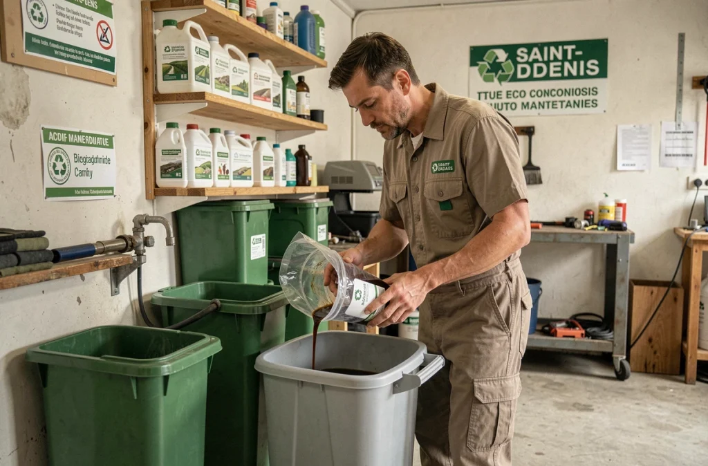 Mécanicien vidangeant de l'huile usagée dans un conteneur de recyclage dans l'atelier Garage Dionysien Ecologie à Saint-Denis