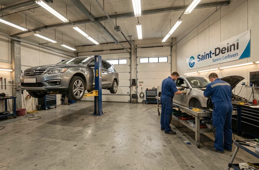 Atelier de mécanique et carrosserie avec deux techniciens au travail dans le Garage Global Auto à Saint-Denis