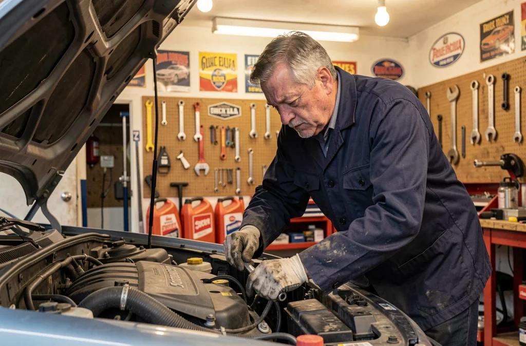 Mécanicien généraliste toutes marques travaillant sur un moteur ouvert dans l'atelier Garage Stéphane