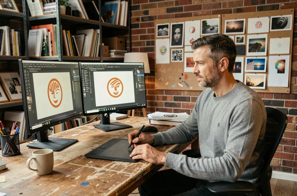 Graphiste travaillant sur un fichier vectoriel de logo officiel sur un poste de travail créatif