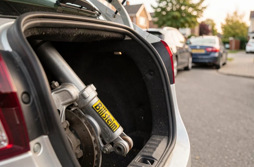Gros plan sur un amortisseur Bilstein B8 Comfort Tech monté sur le train arrière d'un véhicule du quotidien