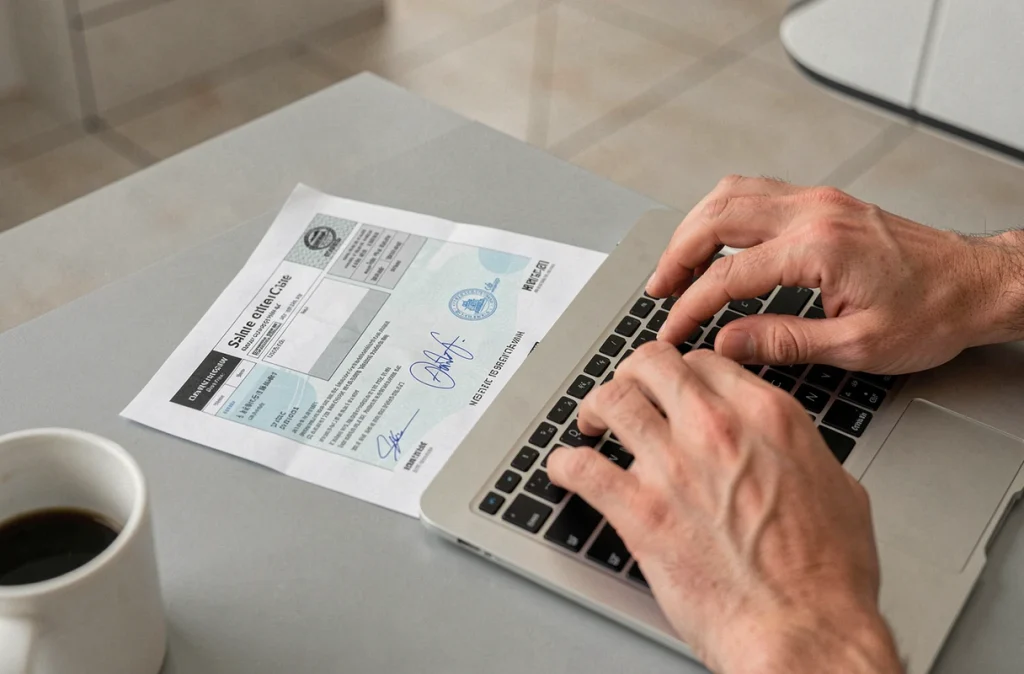 Gros plan sur des mains tapant sur un clavier d'ordinateur portable avec une carte grise et un certificat de cession posés sur un bureau pour déclarer la vente d'un véhicule