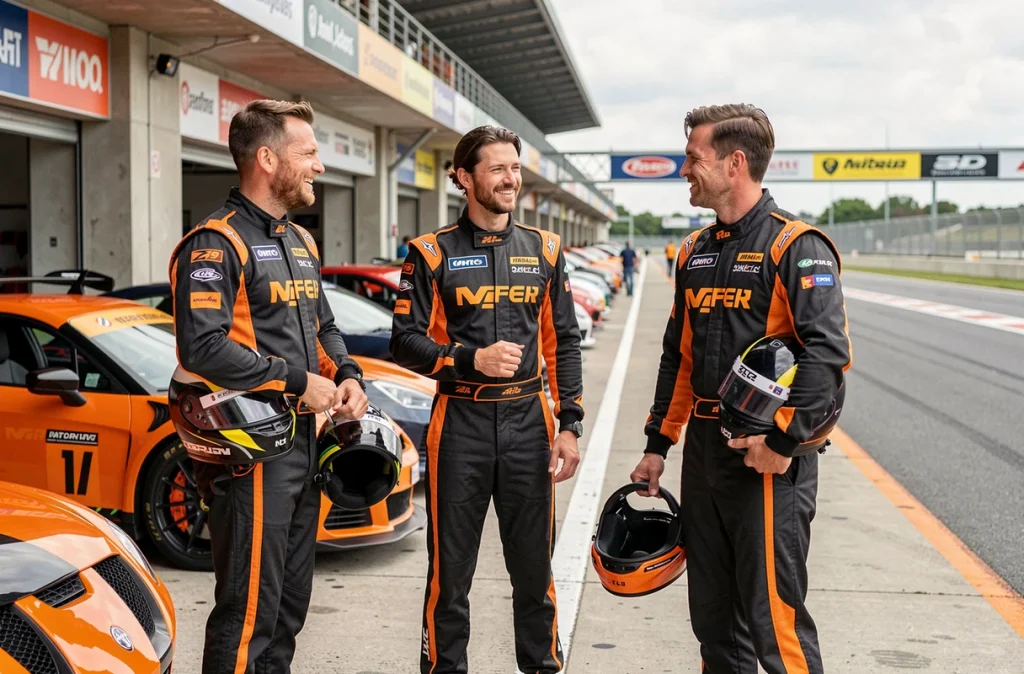 Groupe de participants en tenue de pilotage dans les stands d'un circuit automobile lors d'un stage