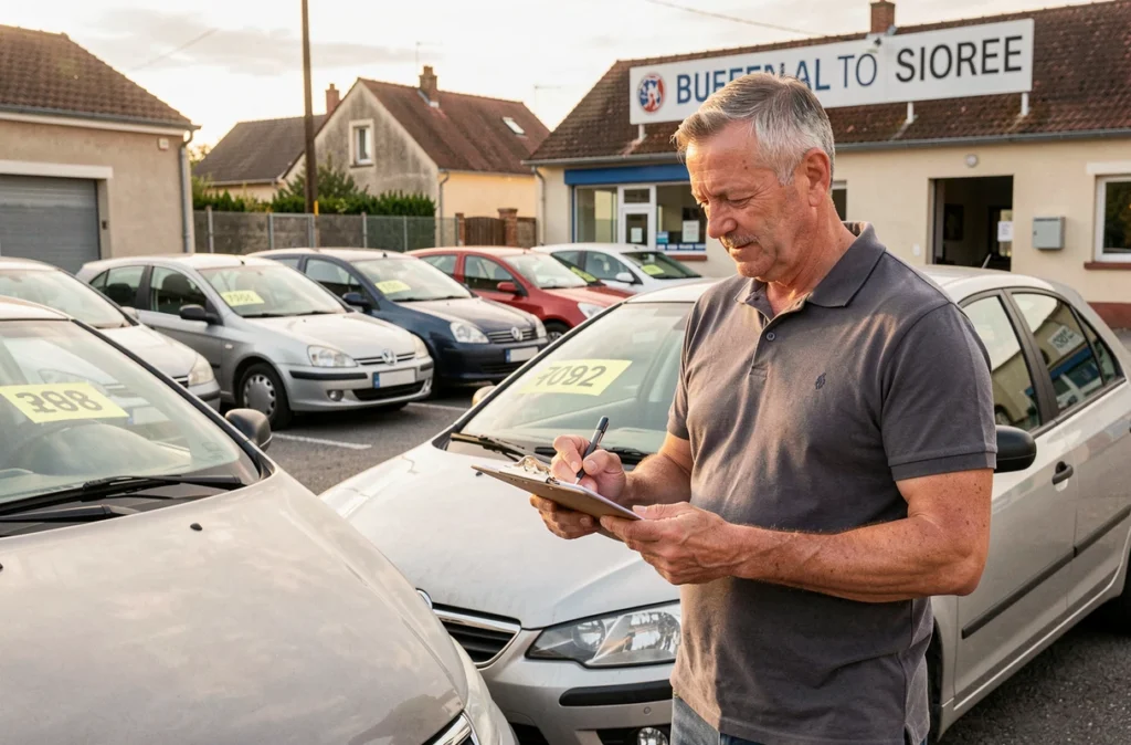 Propriétaire de Gutizia Auto vérifiant des documents sur le parking de sa concession de véhicules d'occasion