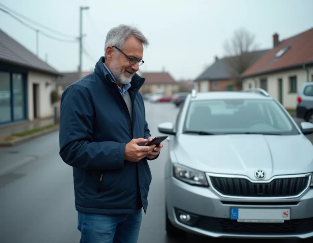 Homme consultant une application d'assurance auto sur smartphone à côté de sa voiture dans un parking