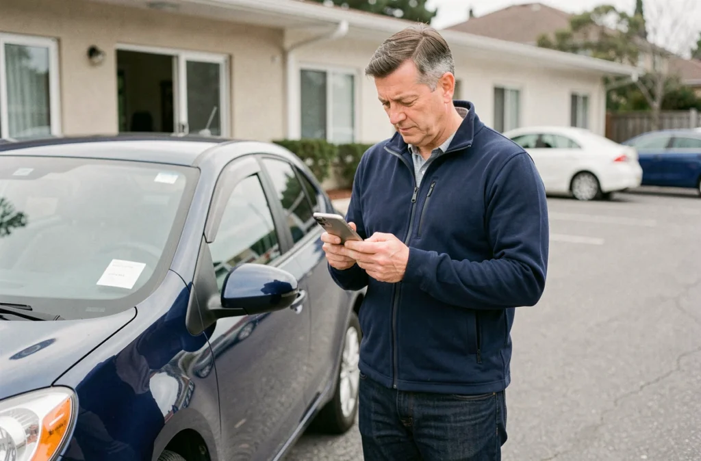 Homme consultant une application de comparaison d'assurance auto à côté de sa voiture dans un parking