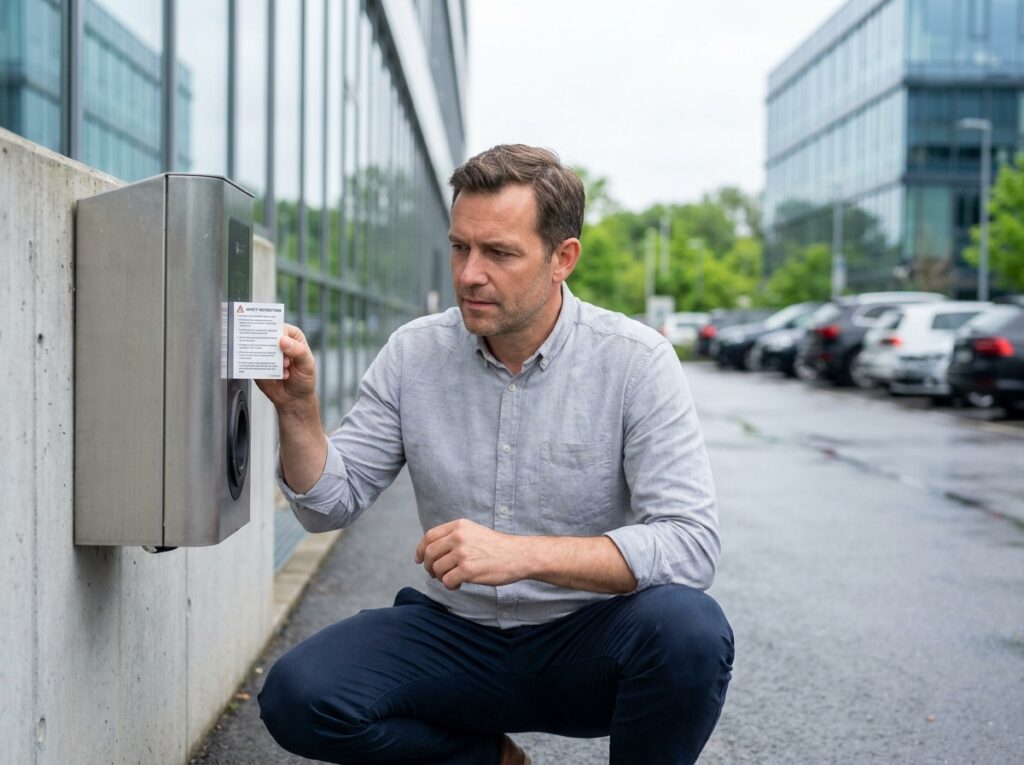 Un homme d'affaires lit les consignes de sécurité sur une borne de recharge pour véhicule électrique en extérieur au bureau