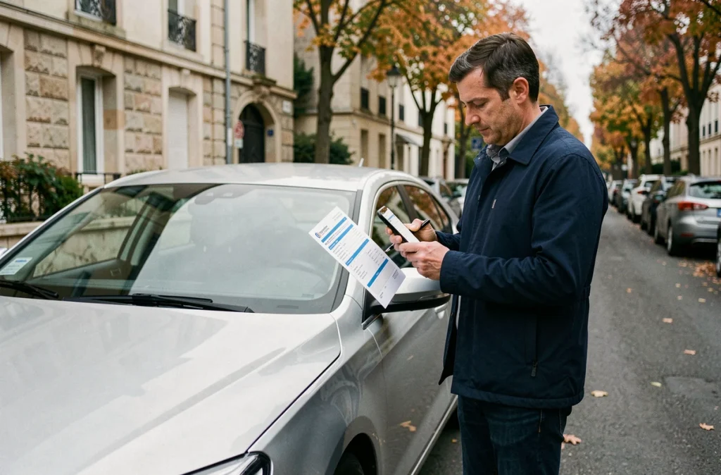 Homme tenant une carte grise devant sa voiture garée dans une rue résidentielle après un déménagement