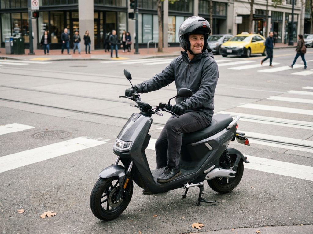 Homme au feu rouge en scooter urbain portant un casque modulable relevé dans une rue animée