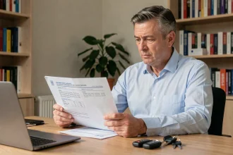 Homme consultant un certificat de non-gage à son bureau avec des clés de voiture posées à côté