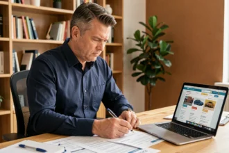 Homme consultant des documents d'assurance voiture sur un bureau avec un ordinateur portable affichant un comparateur
