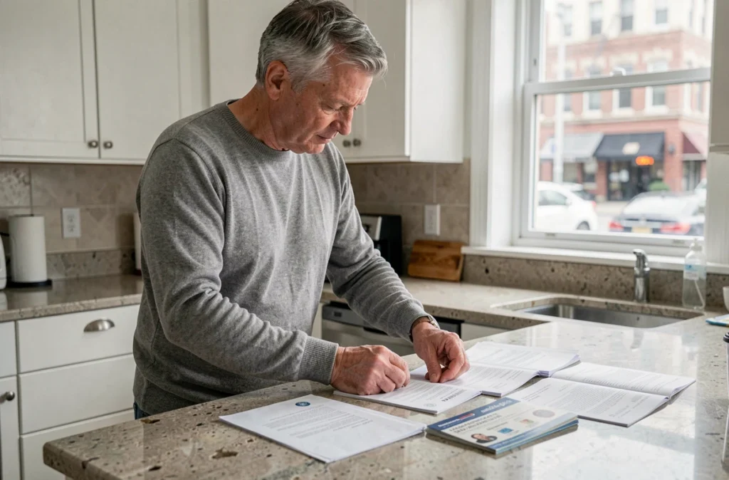 Homme organisant les documents nécessaires pour changer d'assurance automobile dans sa cuisine