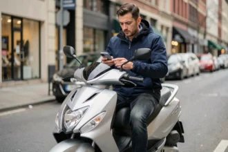 Homme consultant son téléphone sur un scooter 400cc en ville pour comparer les offres d'assurance