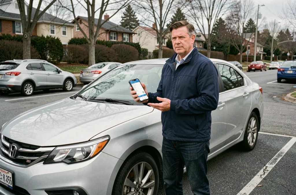Homme consultant une application de comparaison d'assurance auto sur smartphone devant sa voiture