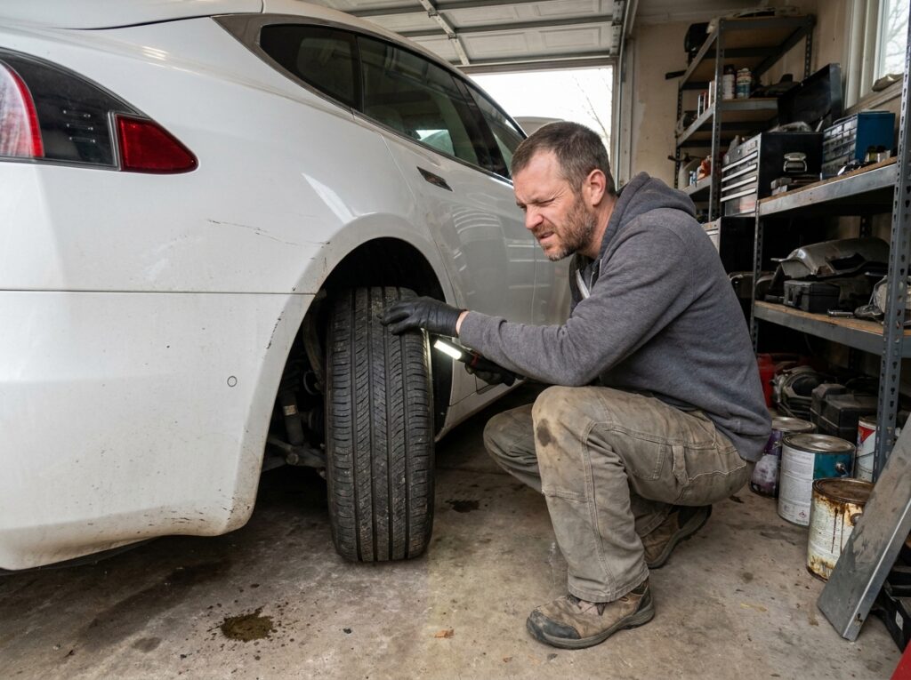 Homme vérifiant l'état d'une voiture électrique d'occasion dans un garage domestique