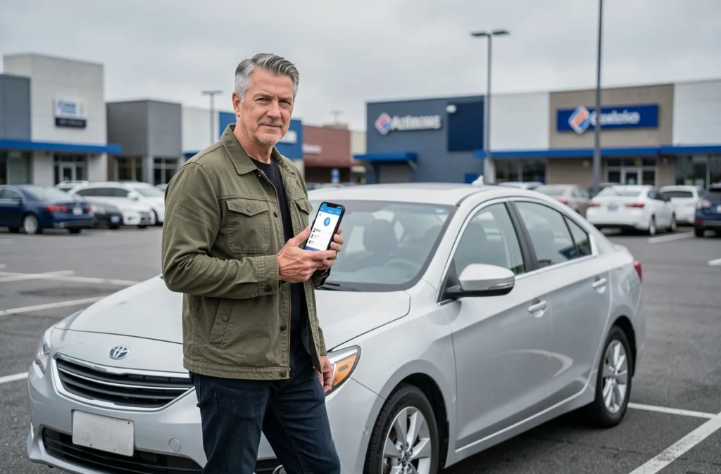 Homme debout à côté de sa voiture consultant une application d'assurance auto sur smartphone