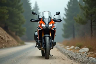 Honda CB 500X garée sur une route de montagne avec réglages de suspension visibles