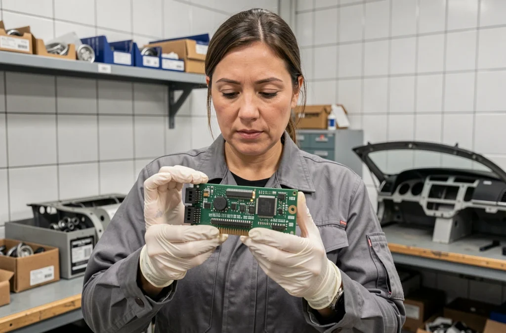 Ingénieure automobile tenant un boîtier BSI et analysant ses connecteurs électroniques dans un garage professionnel