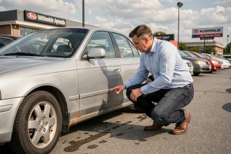 Homme inspectant la carrosserie d'une voiture d'occasion dans un lot de concessionnaire automobile
