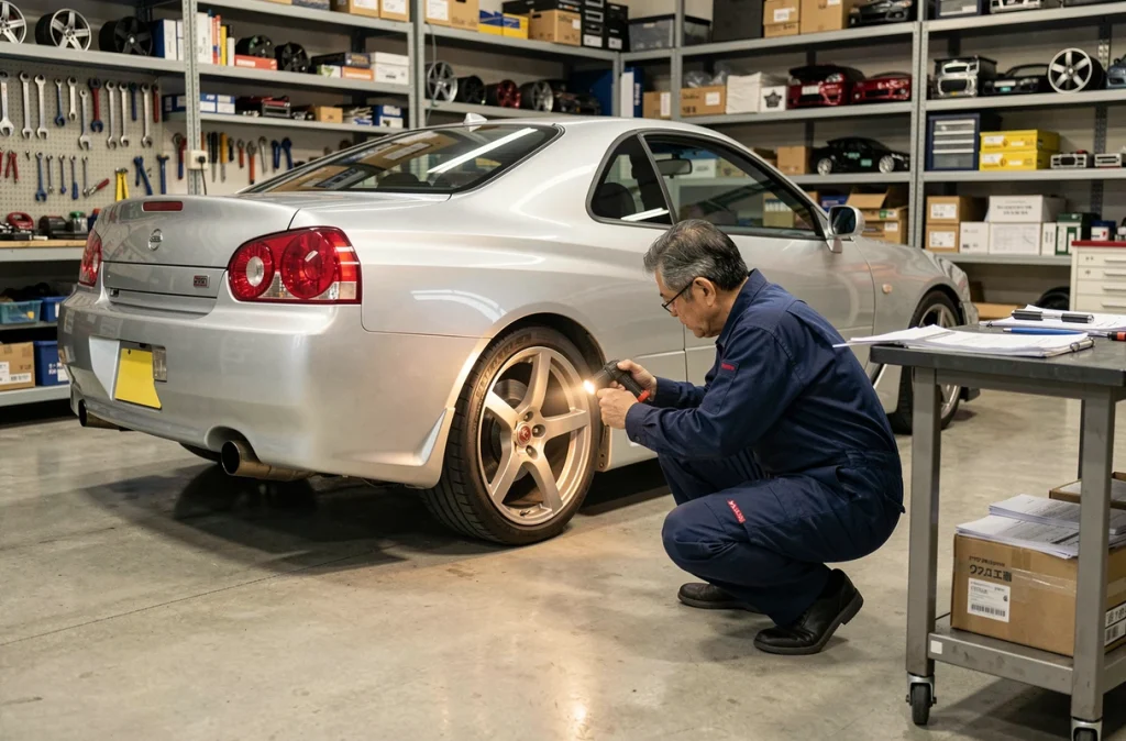 Mécanicien inspectant une Nissan Skyline GTR R34 argentée dans un garage d'exportation automobile japonais avec documents douaniers